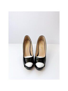 Size 6.5 Women’s Black Patent Leather Peep Toe Platform Heels FOWT